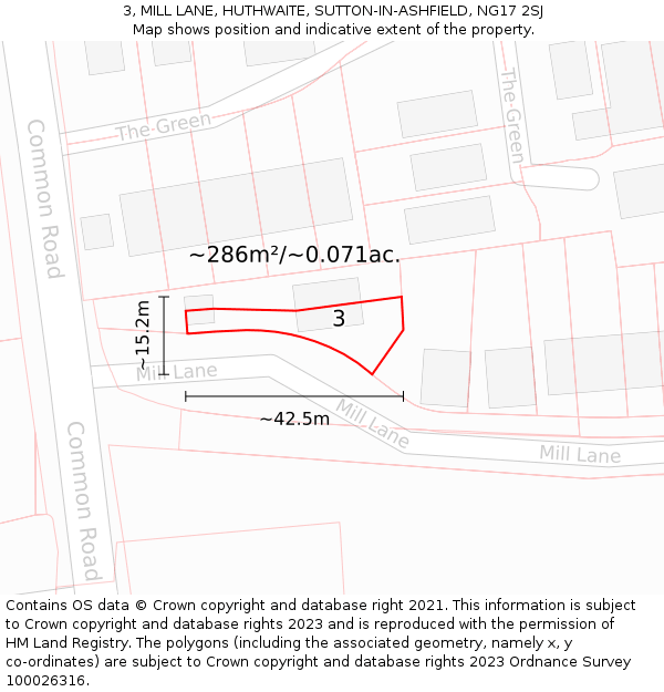 3, MILL LANE, HUTHWAITE, SUTTON-IN-ASHFIELD, NG17 2SJ: Plot and title map