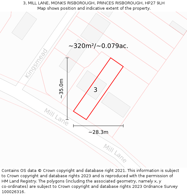 3, MILL LANE, MONKS RISBOROUGH, PRINCES RISBOROUGH, HP27 9LH: Plot and title map