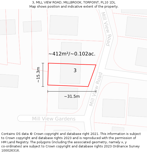 3, MILL VIEW ROAD, MILLBROOK, TORPOINT, PL10 1DL: Plot and title map