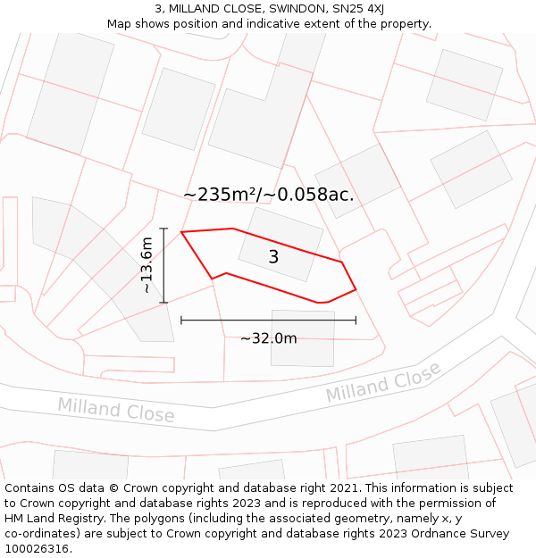 3, MILLAND CLOSE, SWINDON, SN25 4XJ: Plot and title map