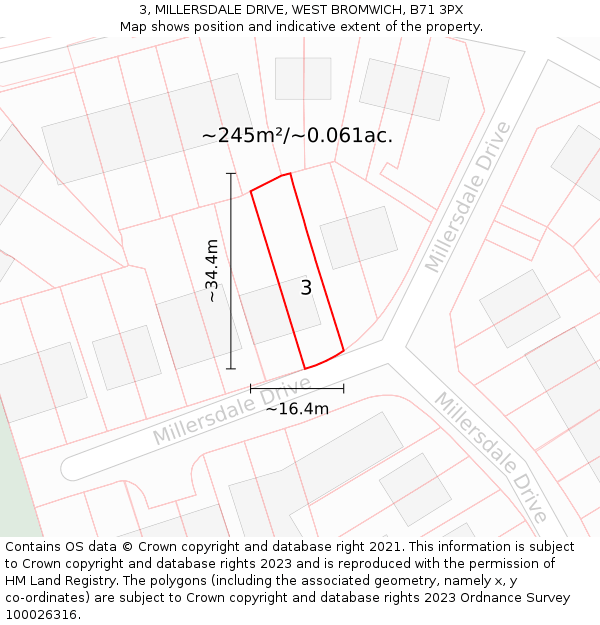 3, MILLERSDALE DRIVE, WEST BROMWICH, B71 3PX: Plot and title map