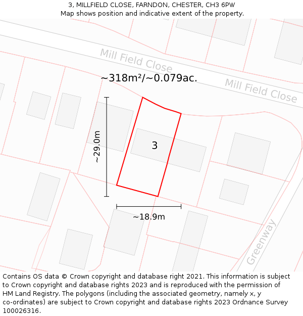3, MILLFIELD CLOSE, FARNDON, CHESTER, CH3 6PW: Plot and title map