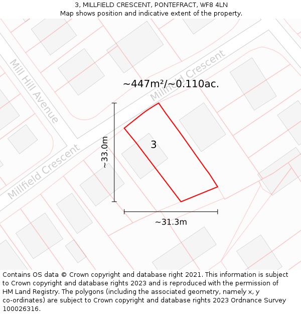 3, MILLFIELD CRESCENT, PONTEFRACT, WF8 4LN: Plot and title map