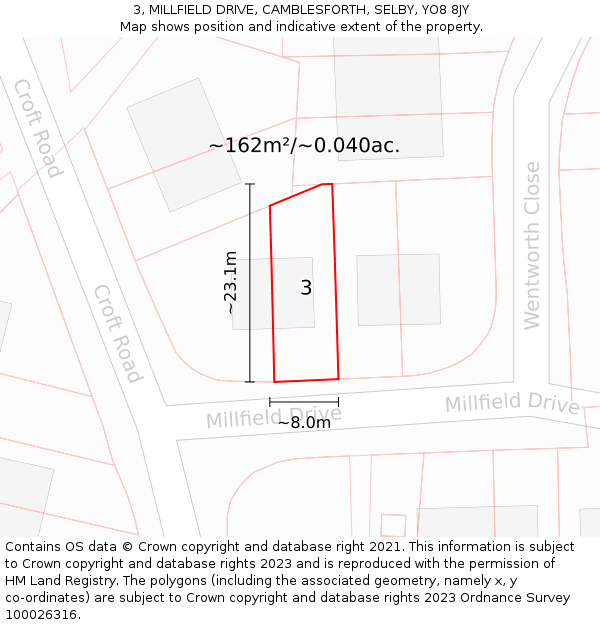 3, MILLFIELD DRIVE, CAMBLESFORTH, SELBY, YO8 8JY: Plot and title map