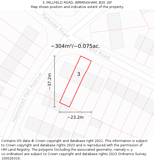 3, MILLFIELD ROAD, BIRMINGHAM, B20 1EF: Plot and title map