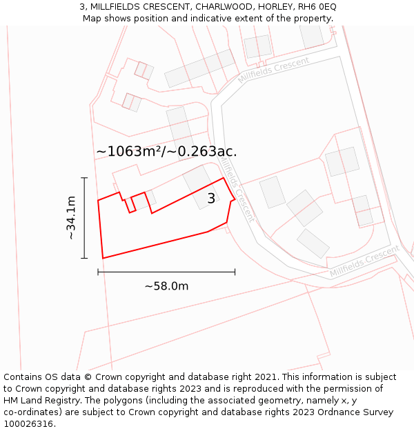 3, MILLFIELDS CRESCENT, CHARLWOOD, HORLEY, RH6 0EQ: Plot and title map