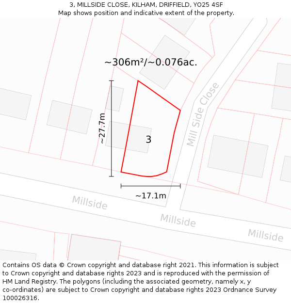3, MILLSIDE CLOSE, KILHAM, DRIFFIELD, YO25 4SF: Plot and title map