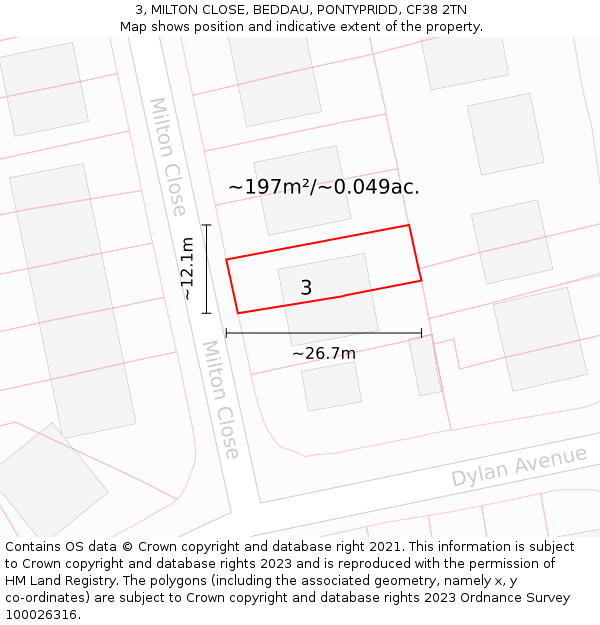 3, MILTON CLOSE, BEDDAU, PONTYPRIDD, CF38 2TN: Plot and title map