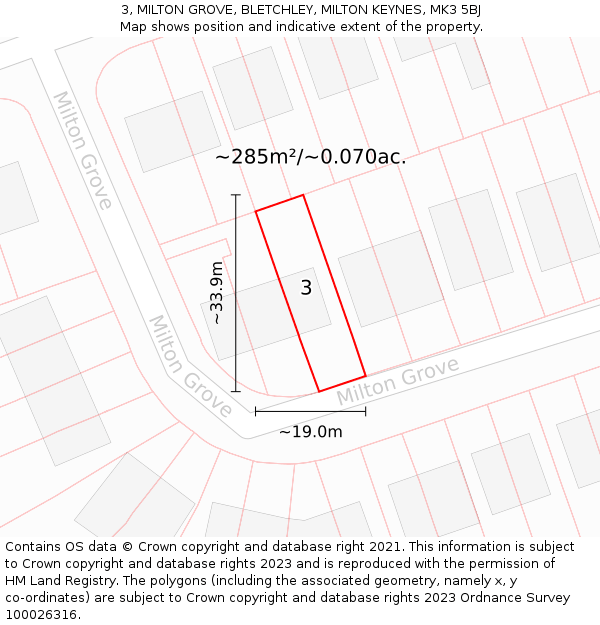 3, MILTON GROVE, BLETCHLEY, MILTON KEYNES, MK3 5BJ: Plot and title map