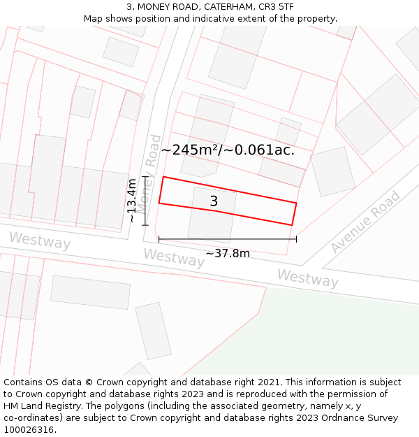 3, MONEY ROAD, CATERHAM, CR3 5TF: Plot and title map