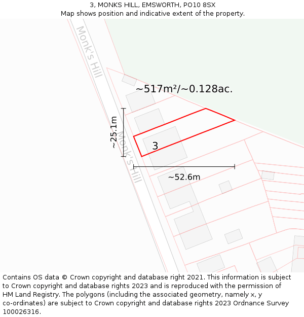 3, MONKS HILL, EMSWORTH, PO10 8SX: Plot and title map