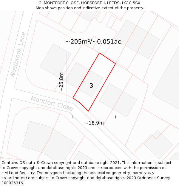 3, MONTFORT CLOSE, HORSFORTH, LEEDS, LS18 5SX: Plot and title map