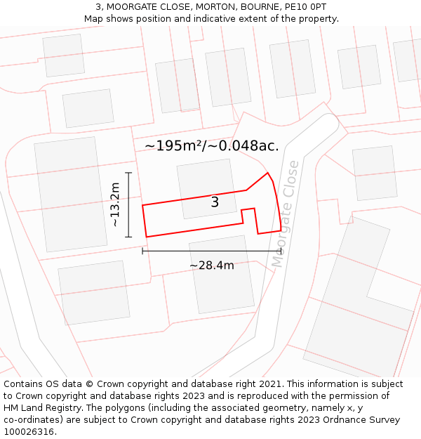 3, MOORGATE CLOSE, MORTON, BOURNE, PE10 0PT: Plot and title map