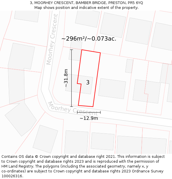 3, MOORHEY CRESCENT, BAMBER BRIDGE, PRESTON, PR5 6YQ: Plot and title map