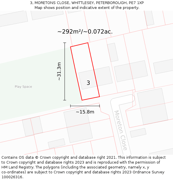 3, MORETONS CLOSE, WHITTLESEY, PETERBOROUGH, PE7 1XP: Plot and title map
