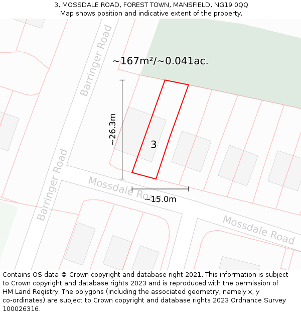 3, MOSSDALE ROAD, FOREST TOWN, MANSFIELD, NG19 0QQ: Plot and title map