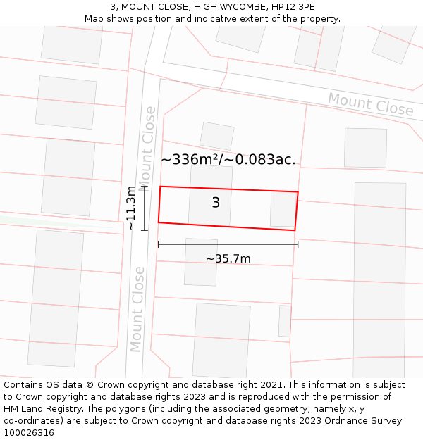 3, MOUNT CLOSE, HIGH WYCOMBE, HP12 3PE: Plot and title map