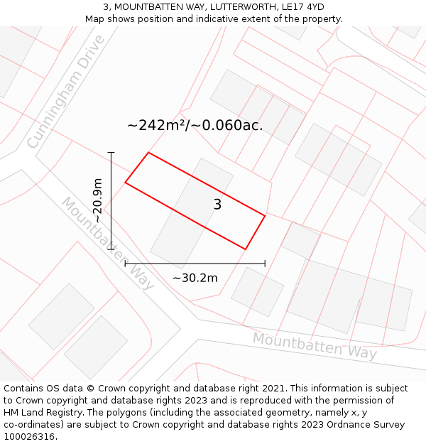 3, MOUNTBATTEN WAY, LUTTERWORTH, LE17 4YD: Plot and title map