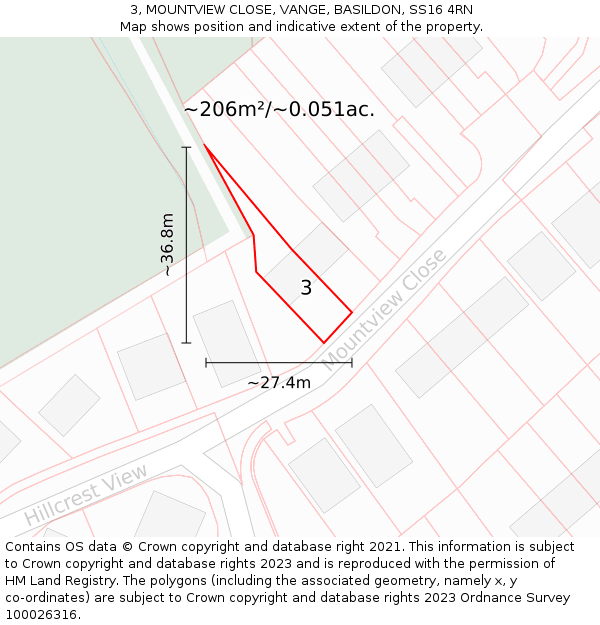 3, MOUNTVIEW CLOSE, VANGE, BASILDON, SS16 4RN: Plot and title map