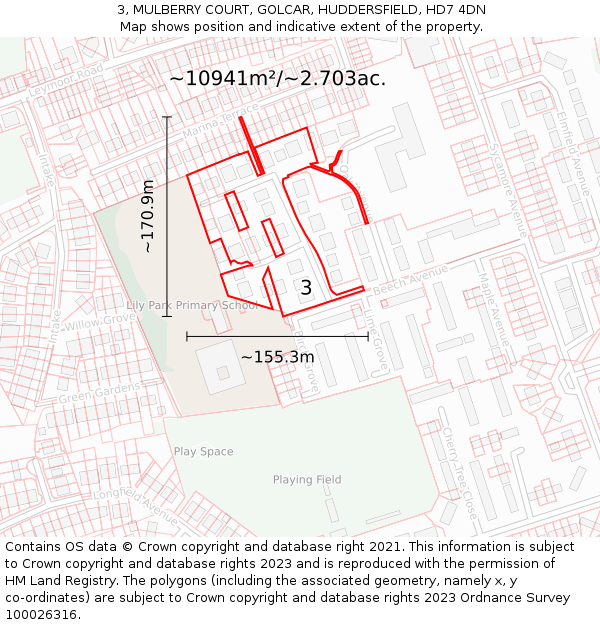 3, MULBERRY COURT, GOLCAR, HUDDERSFIELD, HD7 4DN: Plot and title map