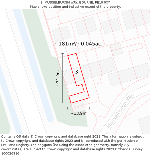 3, MUSSELBURGH WAY, BOURNE, PE10 0XY: Plot and title map