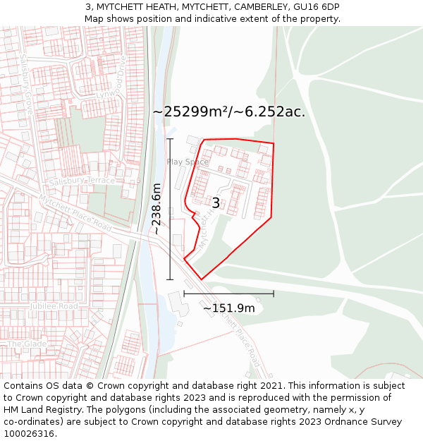 3, MYTCHETT HEATH, MYTCHETT, CAMBERLEY, GU16 6DP: Plot and title map