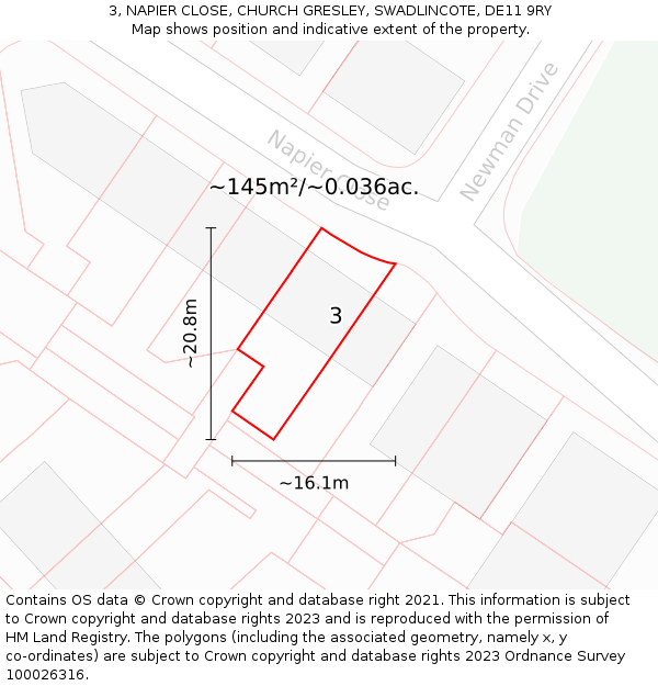 3, NAPIER CLOSE, CHURCH GRESLEY, SWADLINCOTE, DE11 9RY: Plot and title map