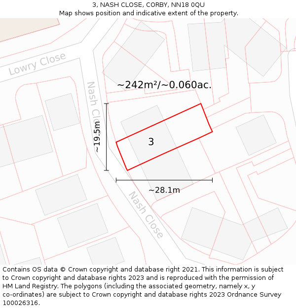 3, NASH CLOSE, CORBY, NN18 0QU: Plot and title map