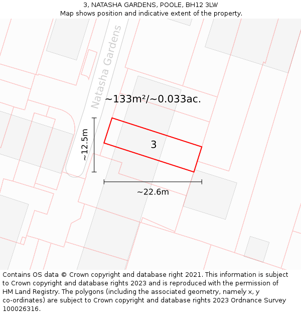3, NATASHA GARDENS, POOLE, BH12 3LW: Plot and title map