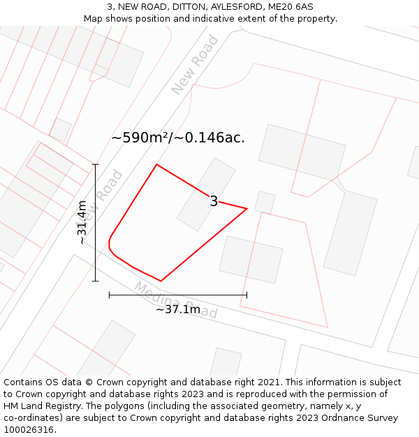 3, NEW ROAD, DITTON, AYLESFORD, ME20 6AS: Plot and title map