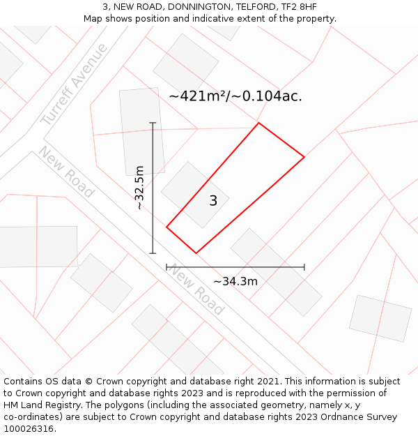 3, NEW ROAD, DONNINGTON, TELFORD, TF2 8HF: Plot and title map