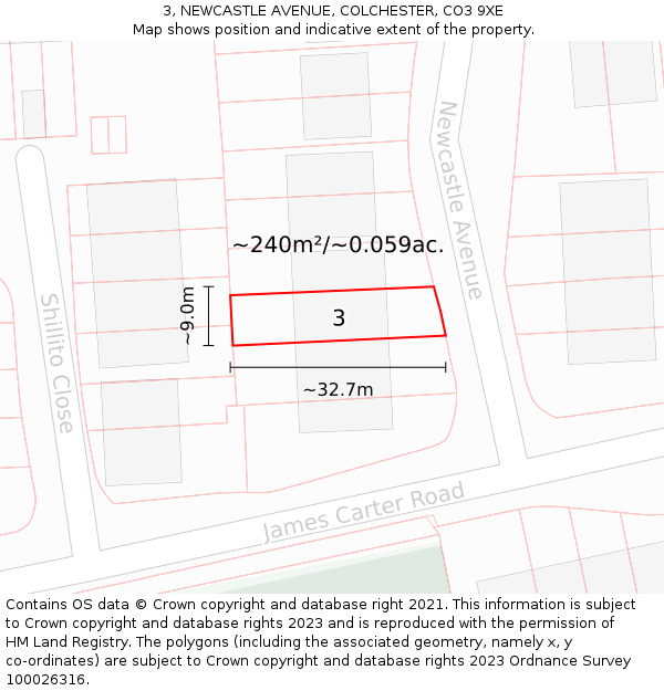 3, NEWCASTLE AVENUE, COLCHESTER, CO3 9XE: Plot and title map