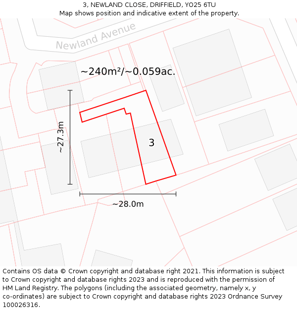 3, NEWLAND CLOSE, DRIFFIELD, YO25 6TU: Plot and title map