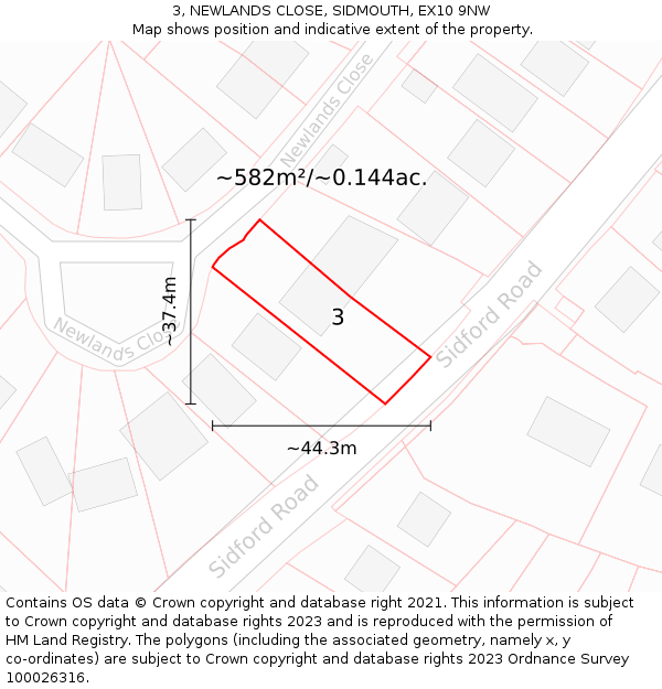 3, NEWLANDS CLOSE, SIDMOUTH, EX10 9NW: Plot and title map