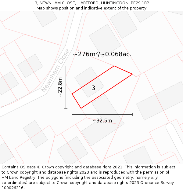 3, NEWNHAM CLOSE, HARTFORD, HUNTINGDON, PE29 1RP: Plot and title map