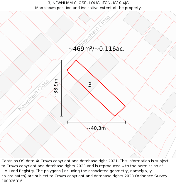 3, NEWNHAM CLOSE, LOUGHTON, IG10 4JG: Plot and title map