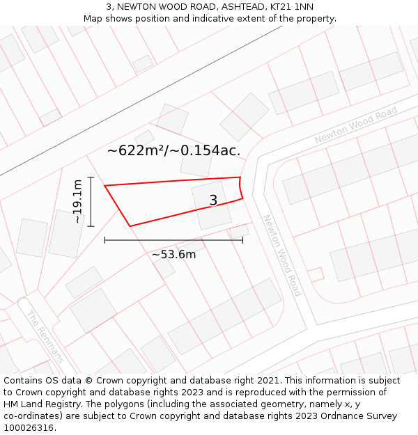 3, NEWTON WOOD ROAD, ASHTEAD, KT21 1NN: Plot and title map