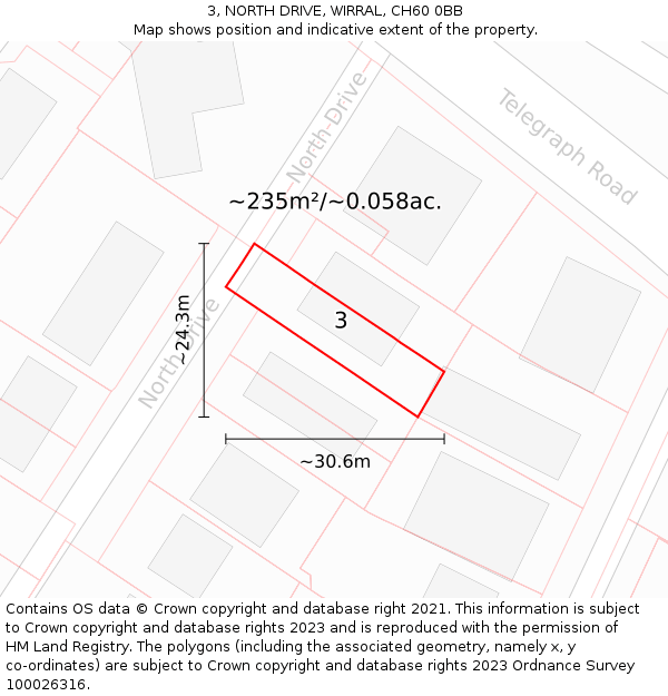 3, NORTH DRIVE, WIRRAL, CH60 0BB: Plot and title map