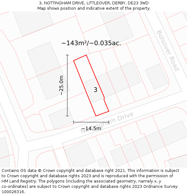 3, NOTTINGHAM DRIVE, LITTLEOVER, DERBY, DE23 3WD: Plot and title map