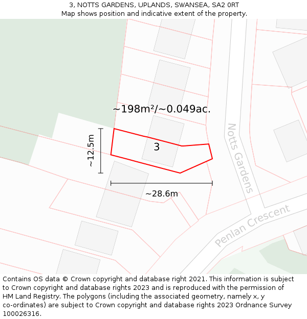 3, NOTTS GARDENS, UPLANDS, SWANSEA, SA2 0RT: Plot and title map