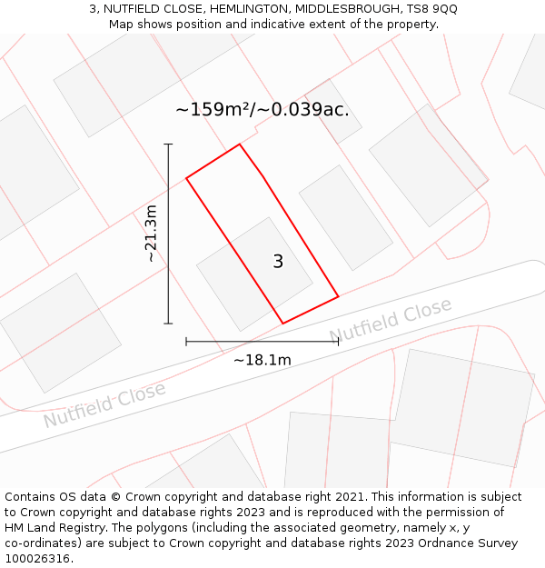 3, NUTFIELD CLOSE, HEMLINGTON, MIDDLESBROUGH, TS8 9QQ: Plot and title map