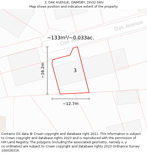3, OAK AVENUE, GRIMSBY, DN32 0AN: Plot and title map