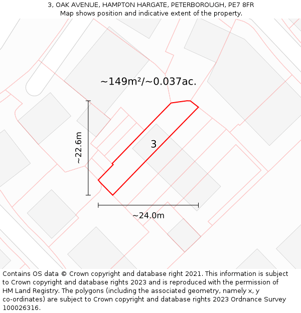 3, OAK AVENUE, HAMPTON HARGATE, PETERBOROUGH, PE7 8FR: Plot and title map