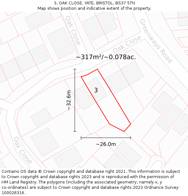 3, OAK CLOSE, YATE, BRISTOL, BS37 5TN: Plot and title map