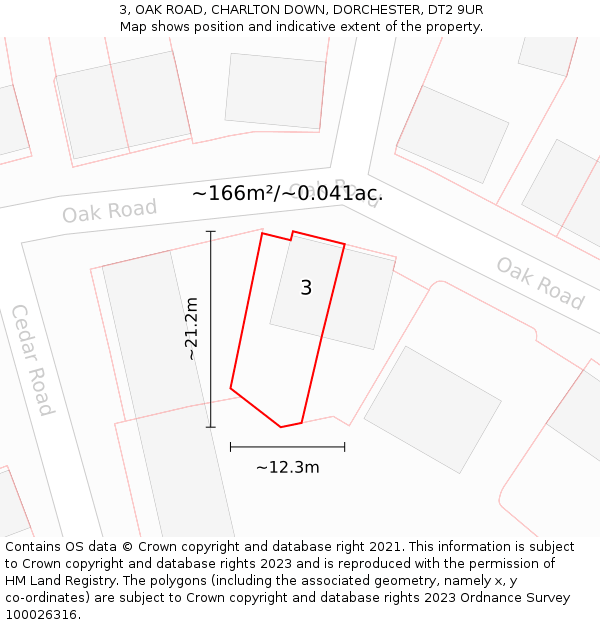 3, OAK ROAD, CHARLTON DOWN, DORCHESTER, DT2 9UR: Plot and title map