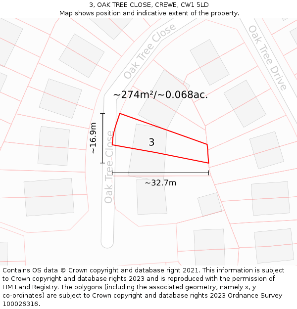 3, OAK TREE CLOSE, CREWE, CW1 5LD: Plot and title map