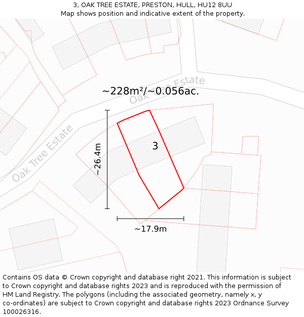 3, OAK TREE ESTATE, PRESTON, HULL, HU12 8UU: Plot and title map