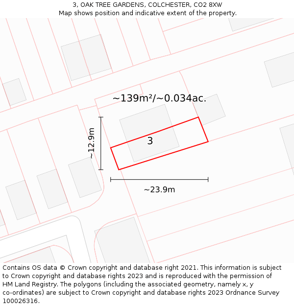 3, OAK TREE GARDENS, COLCHESTER, CO2 8XW: Plot and title map