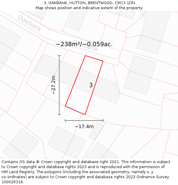 3, OAKBANK, HUTTON, BRENTWOOD, CM13 1DN: Plot and title map