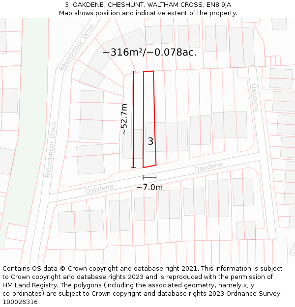 3, OAKDENE, CHESHUNT, WALTHAM CROSS, EN8 9JA: Plot and title map